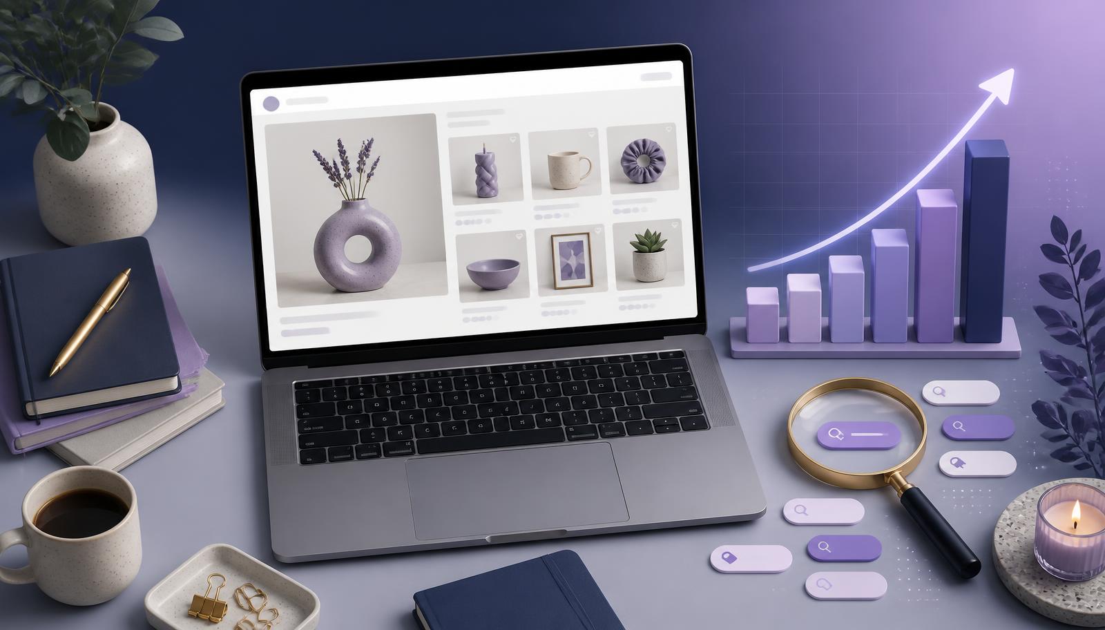 Etsy seller workspace with a laptop showing an Etsy listing page, a rising search ranking chart and keyword tags under a magnifying glass