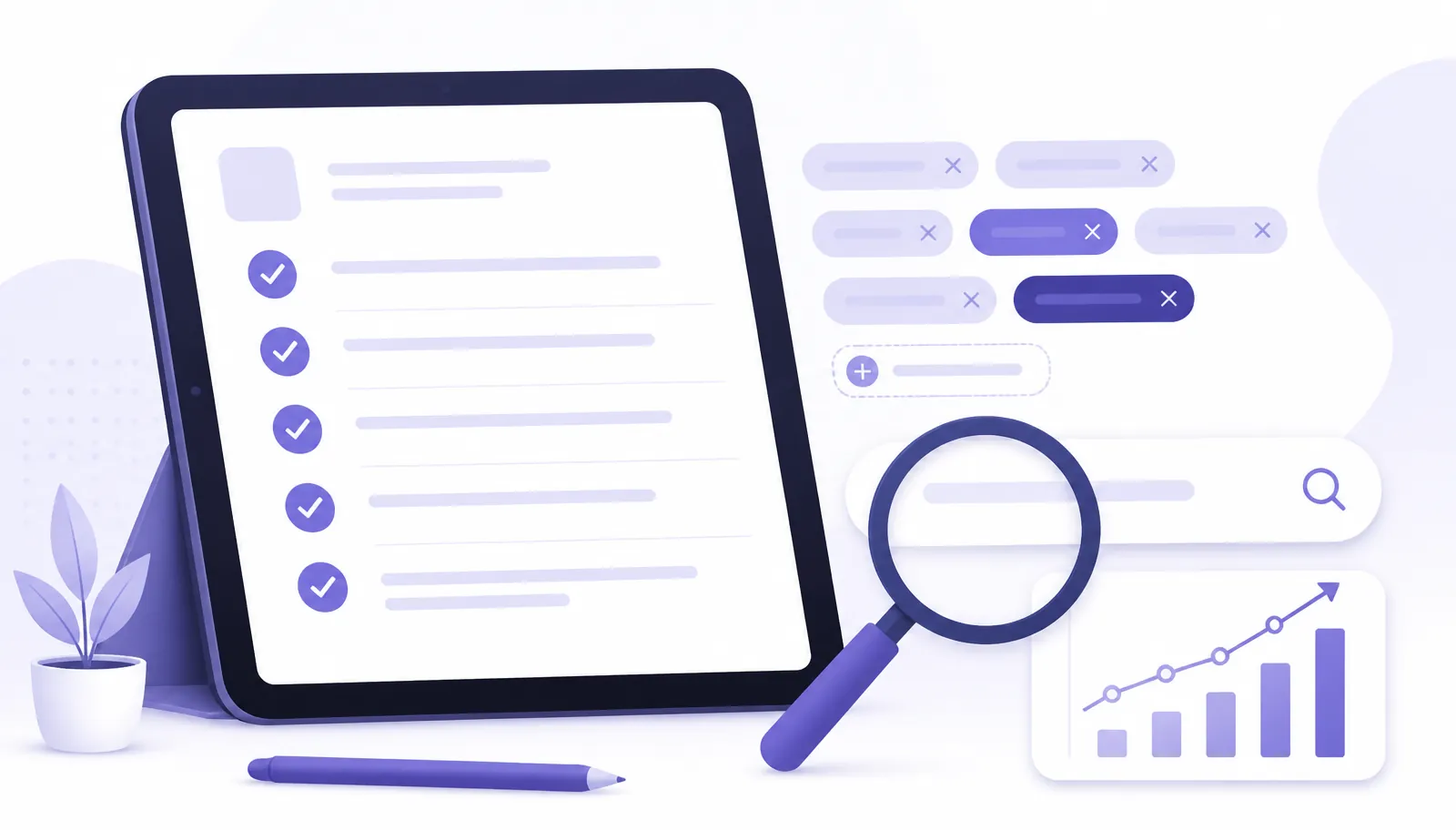 Etsy listing optimization checklist with keyword tags, a search bar and a rising performance chart
